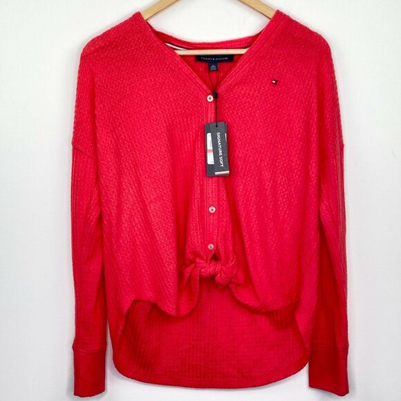 Tommy Hilfiger Red Waffle Knit Button Down Sweater Women's Size Extra Small XS - Picture 2 of 9